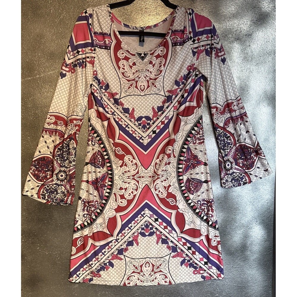 White Mark Pink Purple White Paisley Flare Sleeve Tunic Dress M BOHO Hippie Fall